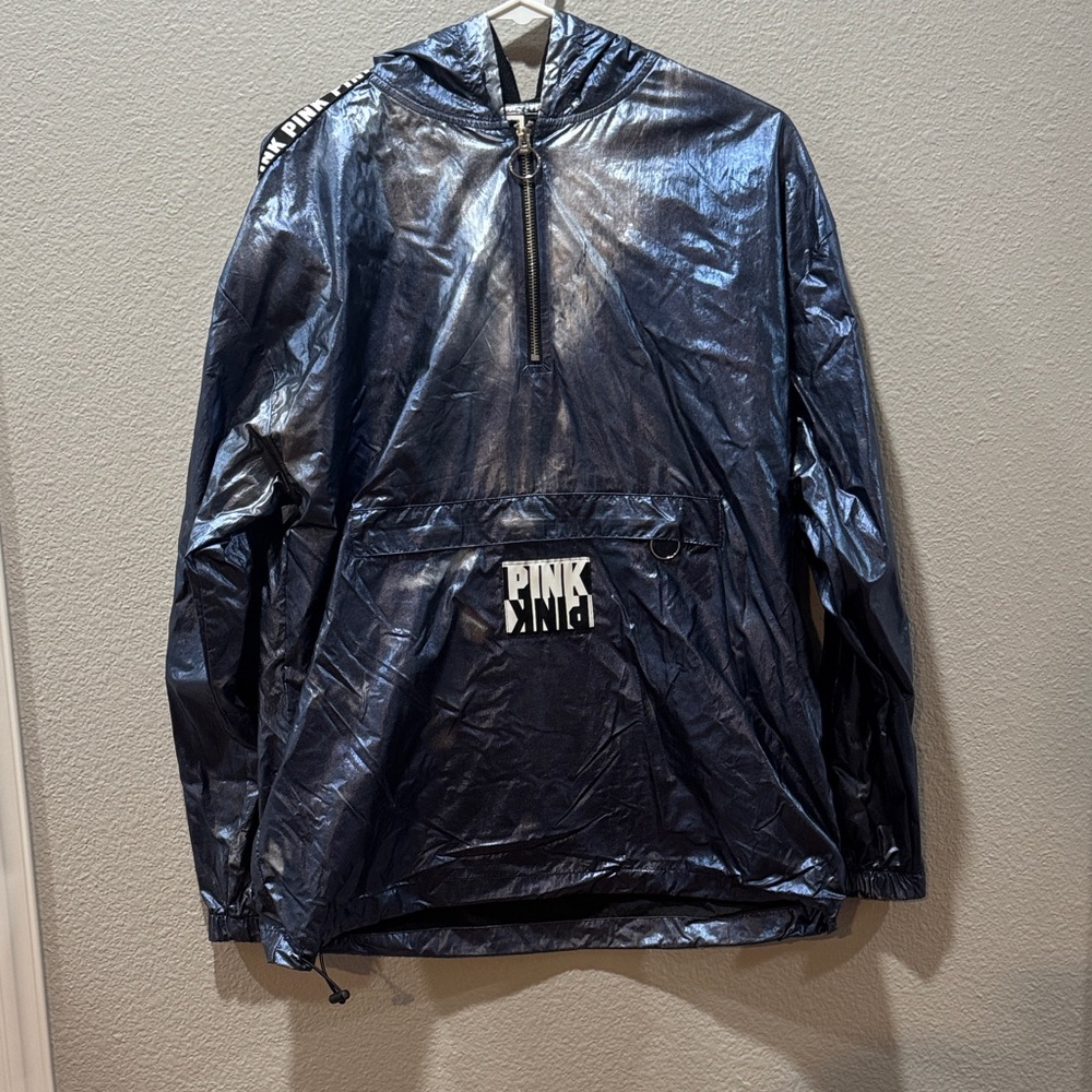 💖 PINK Victoria’s Secret Shiny Black Windbreaker Jacket ✨ SZ XS 🖤